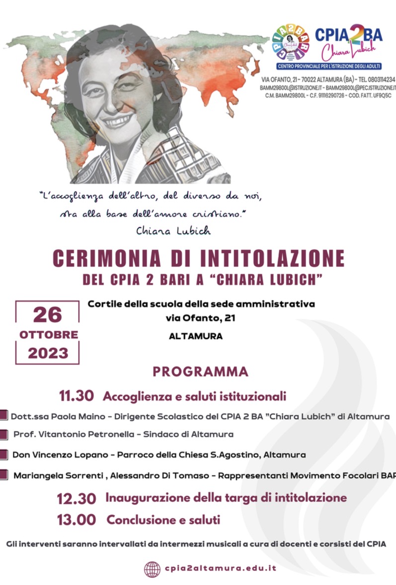 Altamura (Ba), 26 ottobre 2023: Intitolazione del CPA2 a Chiara Lubich.